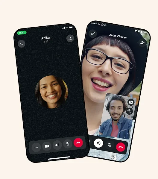 两部手机分别展示 WhatsApp 语音通话与视频通话界面